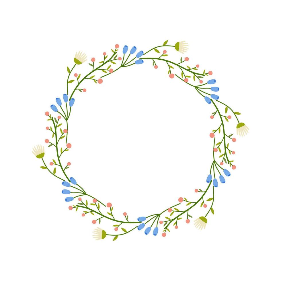 Floral round frame, ornament, spring colors. On white isolated background. For your postcard design, invitations, congratulations vector