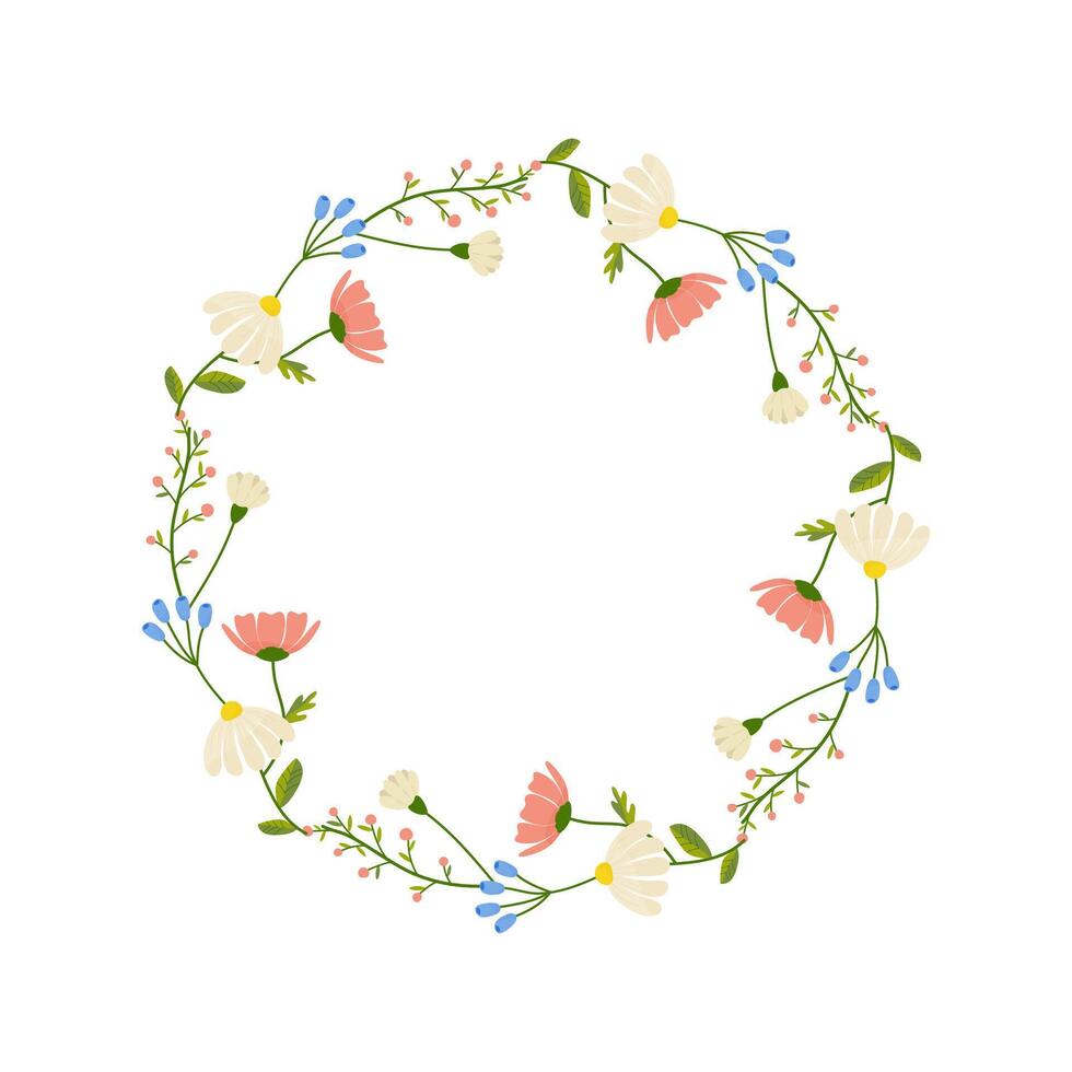 Floral round frame, ornament, spring colors. On white isolated background. For your postcard design, invitations, congratulations vector