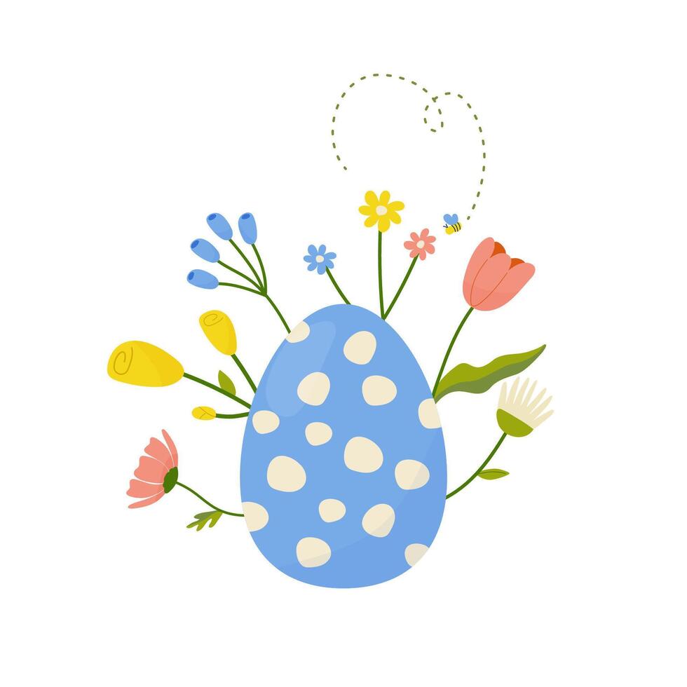Easter egg with flowers, concept in cartoon style for card, print, sticker, postcard. Vector illustration on white background.