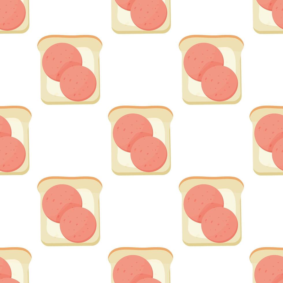 Seamless pattern, breakfast sandwiches, toast with avacado and sausage, vector. For wrapping paper, fabric, background vector
