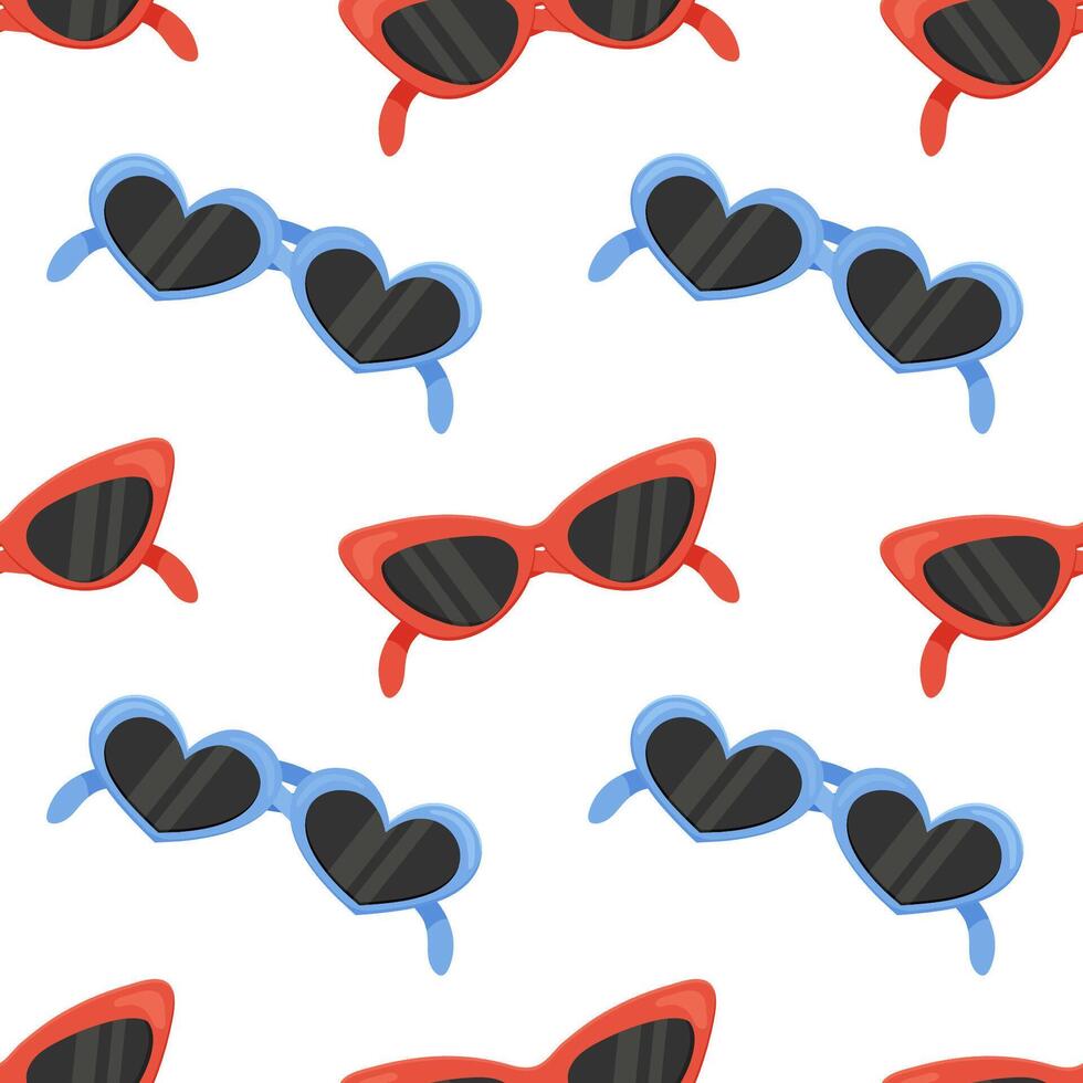 Seamless pattern, different sunglasses, heart shaped red and blue, vector. For wrapping paper, fabric, background vector