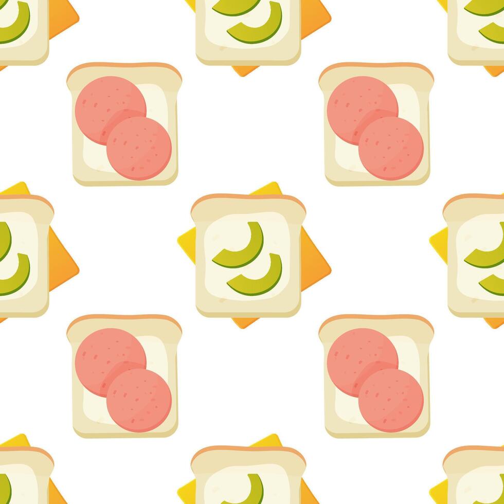 Seamless pattern, breakfast sandwiches, toast with avacado and sausage, vector. For wrapping paper, fabric, background vector