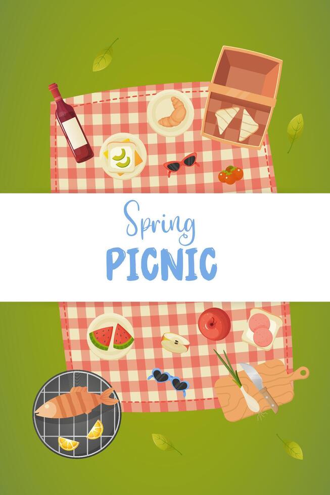 poster spring picnic, green grass, picnic basket, outdoor food. vector illustration