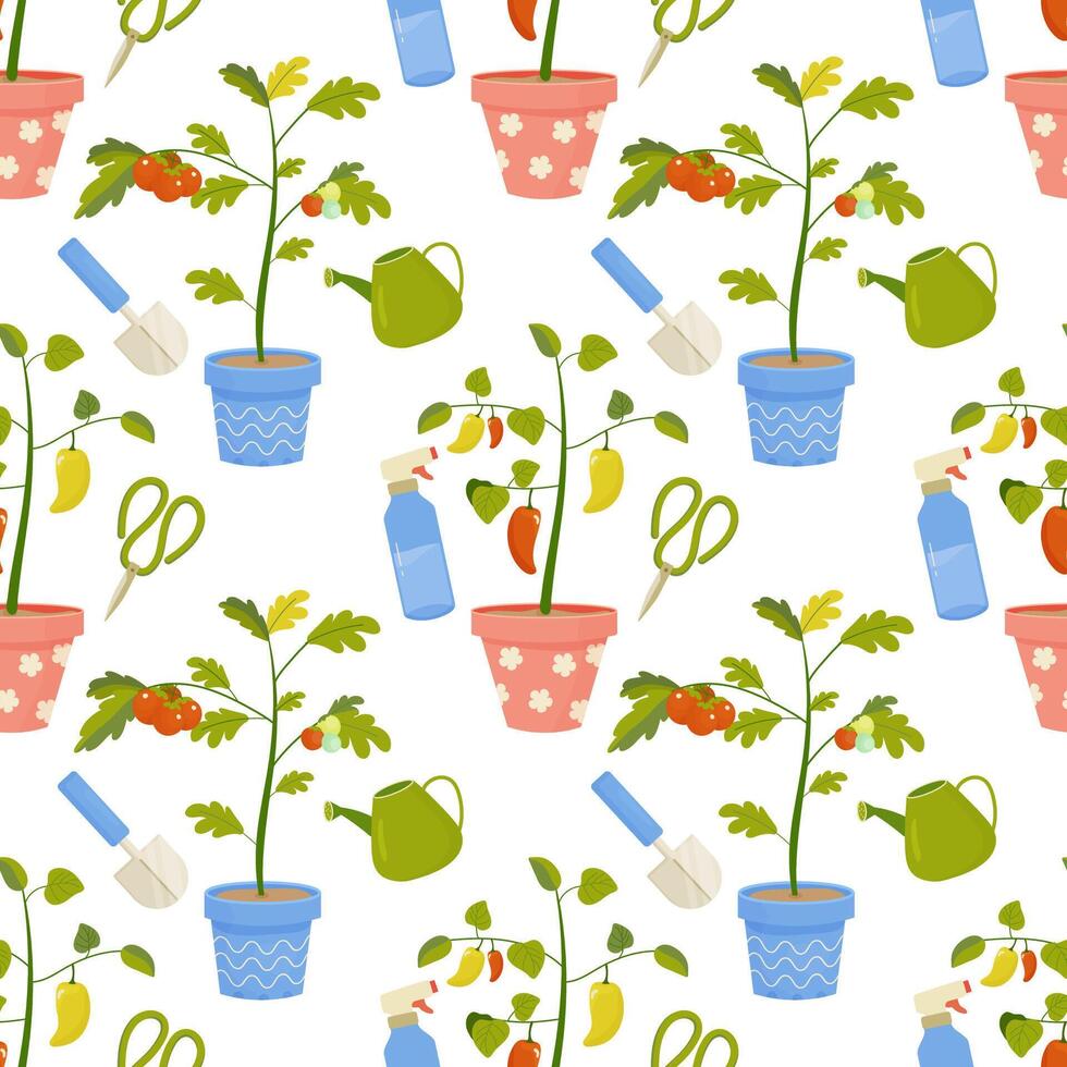 Seamless pattern gardening, inventory, planting. Vector illustration. For your design, wrapping paper, fabric.
