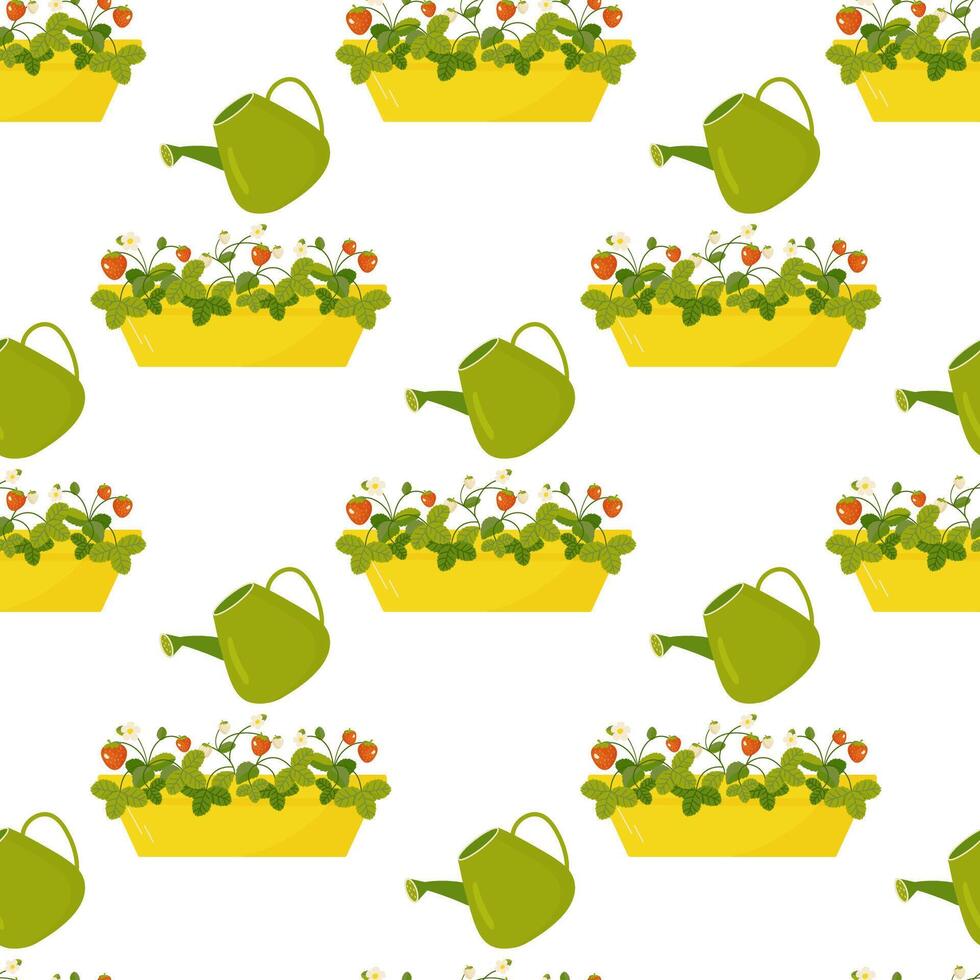 Seamless pattern garden strawberry in pot, watering. Vector illustration. For your design, wrapping paper, fabric.