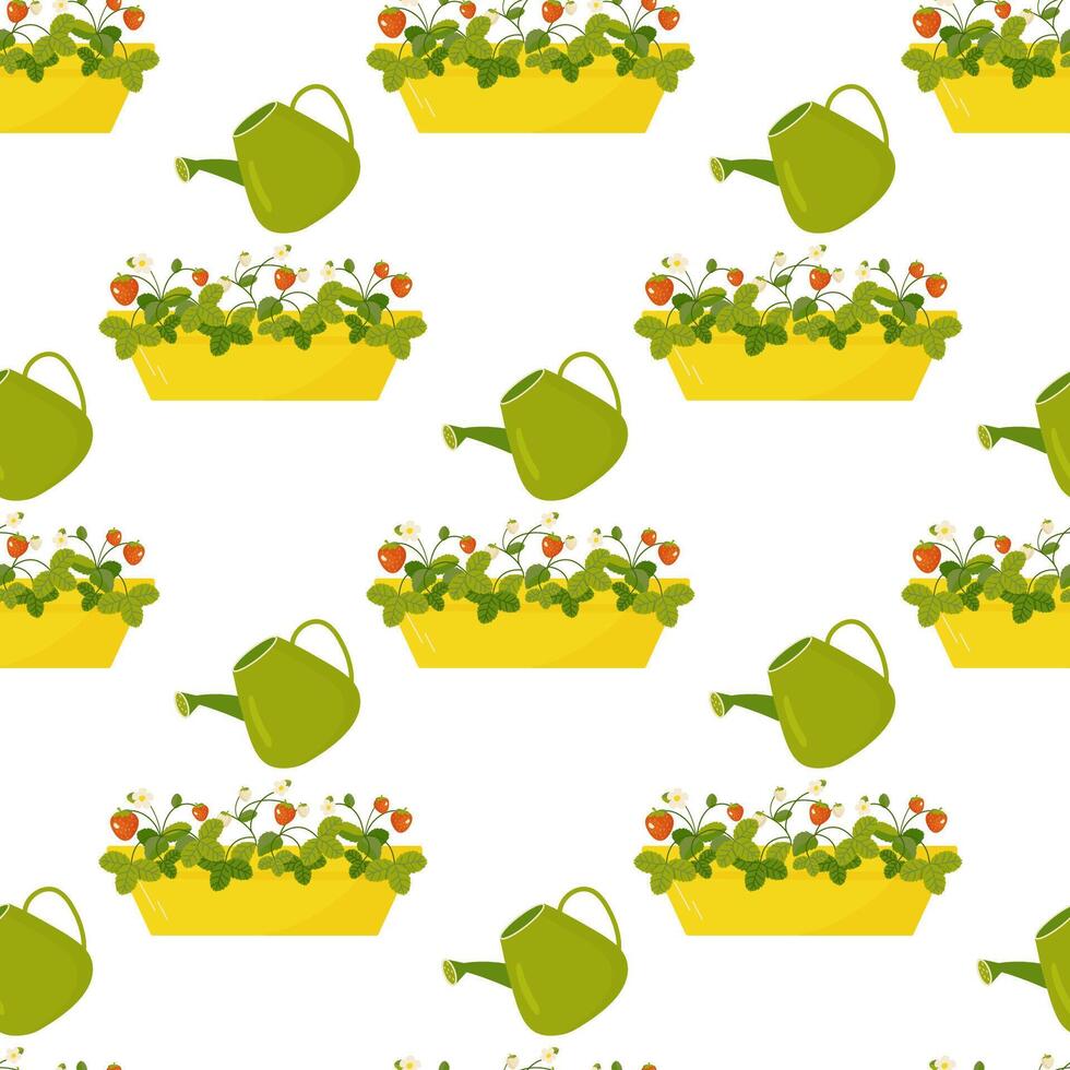 Seamless pattern garden strawberry in pot, watering. Vector illustration. For your design, wrapping paper, fabric.