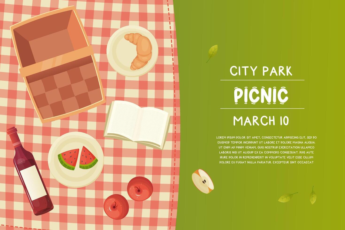 póster invitación a un ciudad picnic, verde césped, picnic cesta, comida en naturaleza. vector ilustración