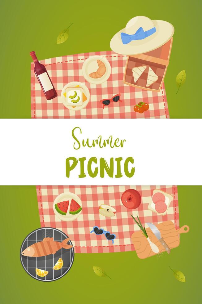 póster verano picnic, verde césped, picnic cesta, comida en naturaleza. vector ilustración barbacoa