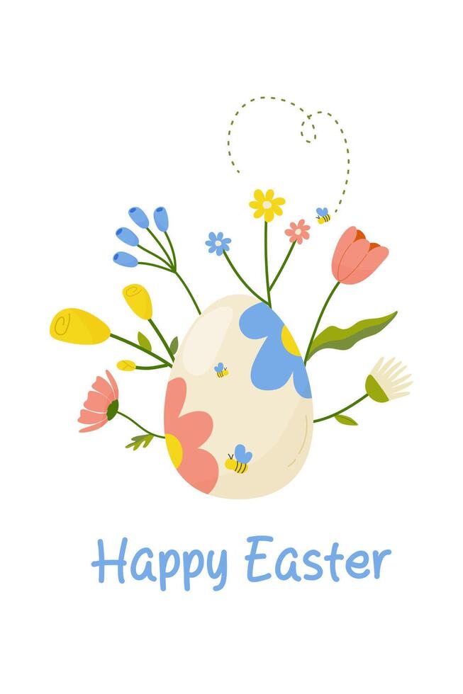happy easter, easter egg on white background with flowers, decor for your card, greetings. vector illustration