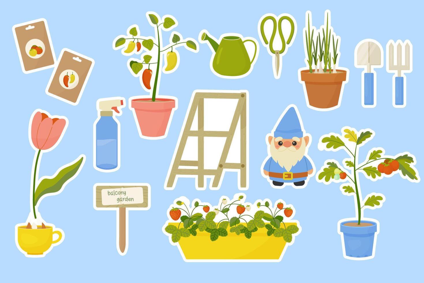 Stickers spring gardening, planting plants, on blue background with stroke. vector illustration