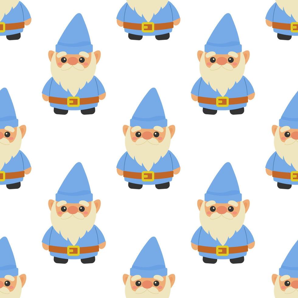 Seamless pattern garden gnome in blue. Vector illustration. For your design, wrapping paper, fabric.