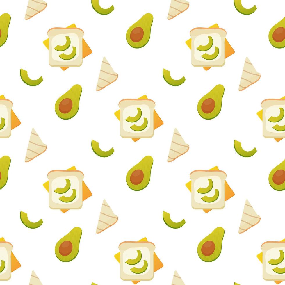 Seamless pattern, breakfast sandwiches, toast with avacado and sausage, vector. For wrapping paper, fabric, background vector