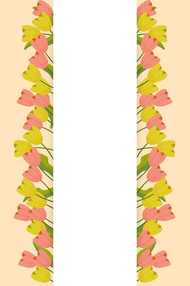 vertical tarjeta postal con tulipanes en el fondo, capa pluvial espacio. para tarjeta postal diseño para primavera vacaciones, marzo 8, de la madre día vector