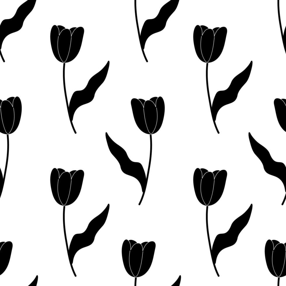 sin costura floral primavera tulipán flor siluetas negro blanco. vector ilustración. para tu diseño, envase papel, tela.