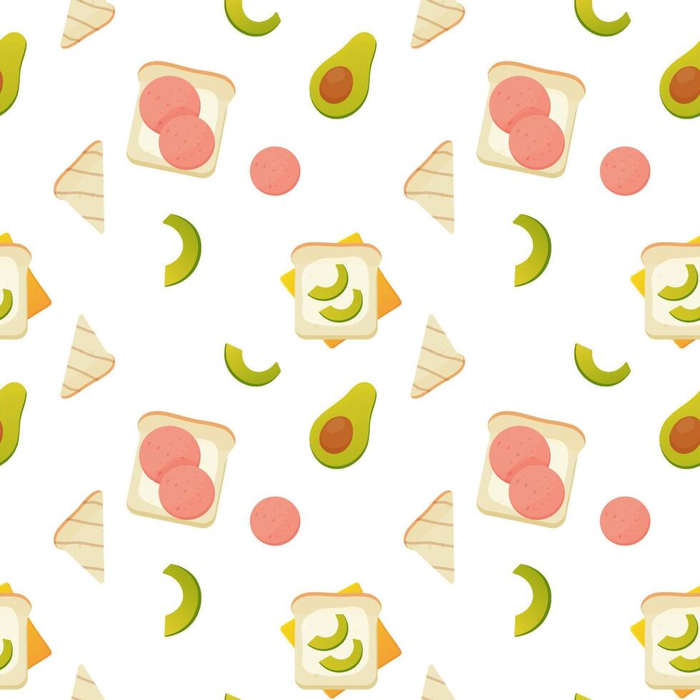 Seamless pattern, breakfast sandwiches, toast with avacado and sausage, vector. For wrapping paper, fabric, background vector