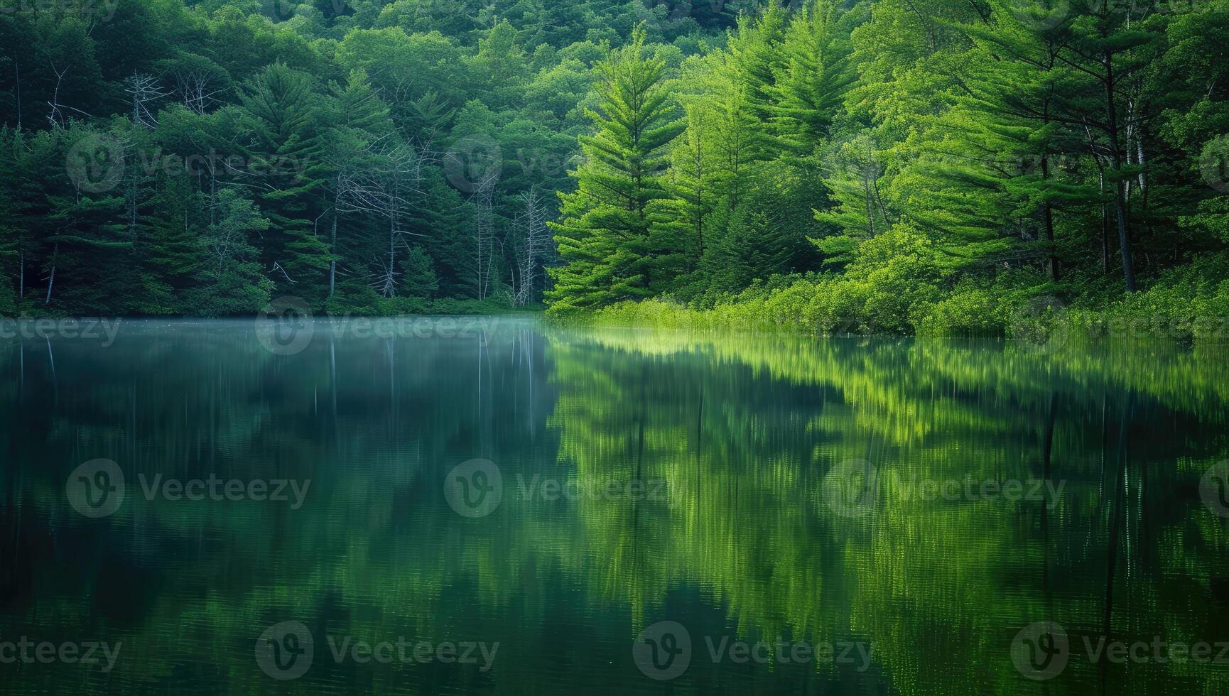 ai generado sereno verde bosque reflejando en calma lago aguas foto