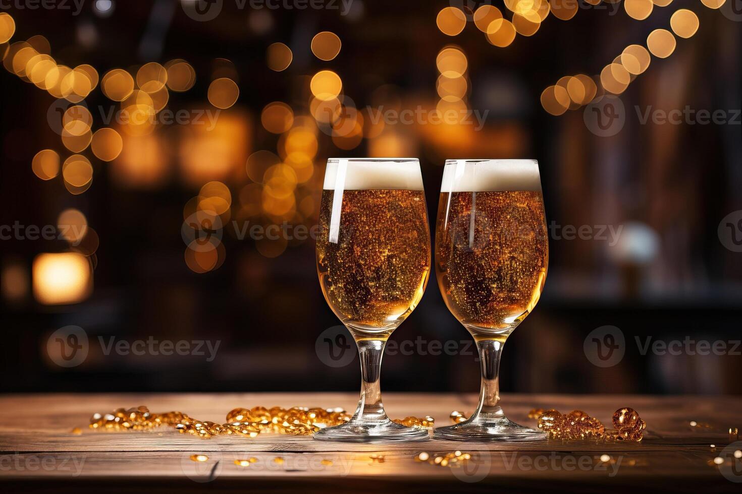 AI generated Two glasses of beer on wooden table with golden lights in pub photo