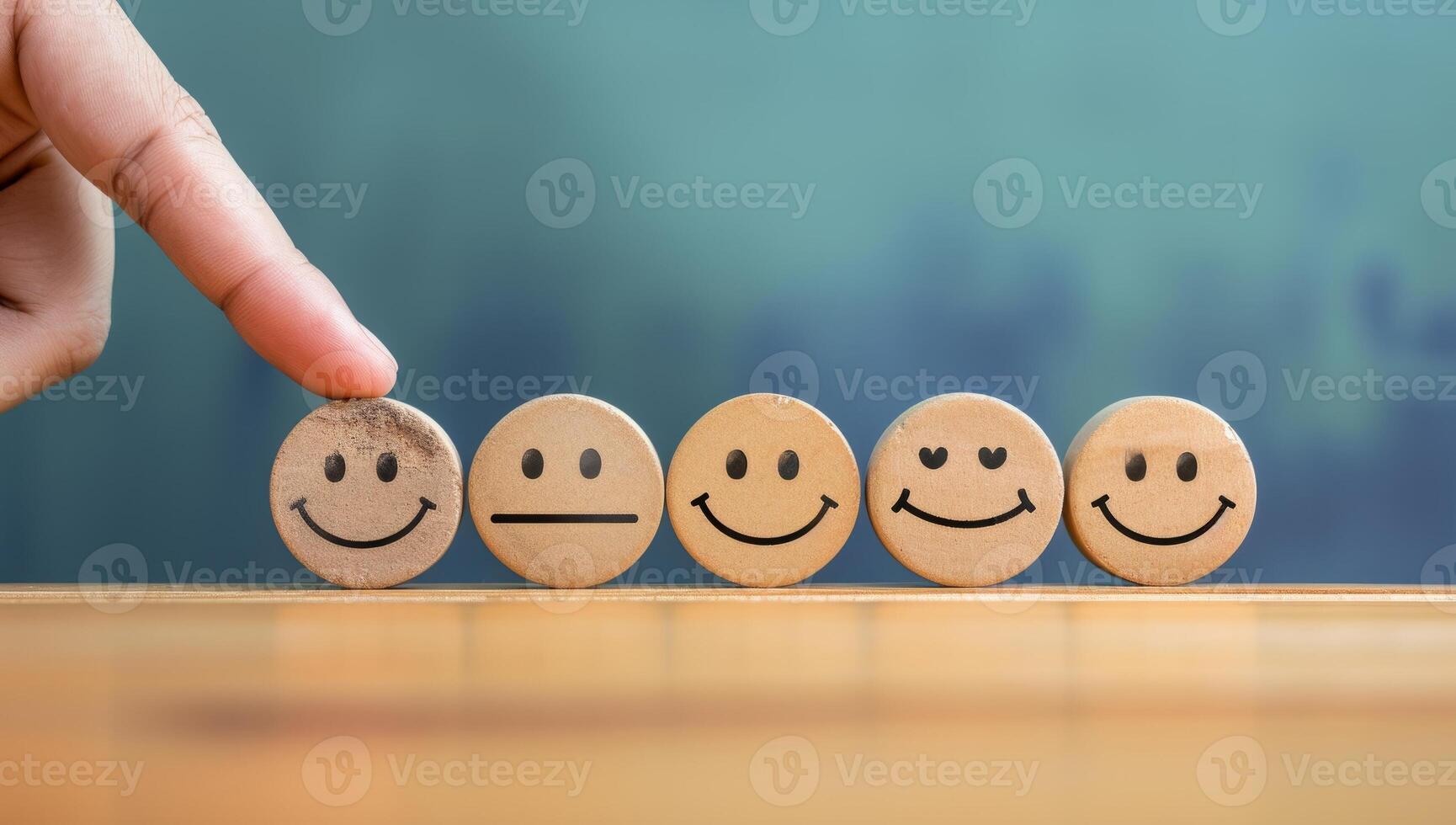 AI generated Smile face icon on wood block. Customer service and satisfaction concept. photo