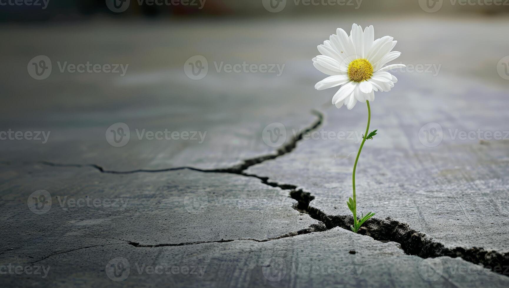 AI generated White daisy flower growing through crack in cement floor with copy space photo
