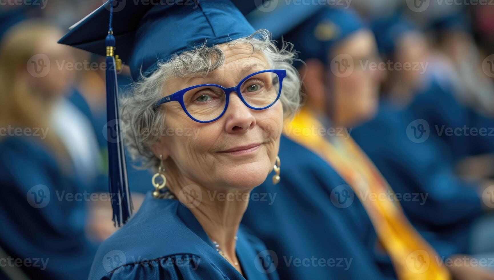 AI generated Female graduate in blue cap and gown at ceremony photo