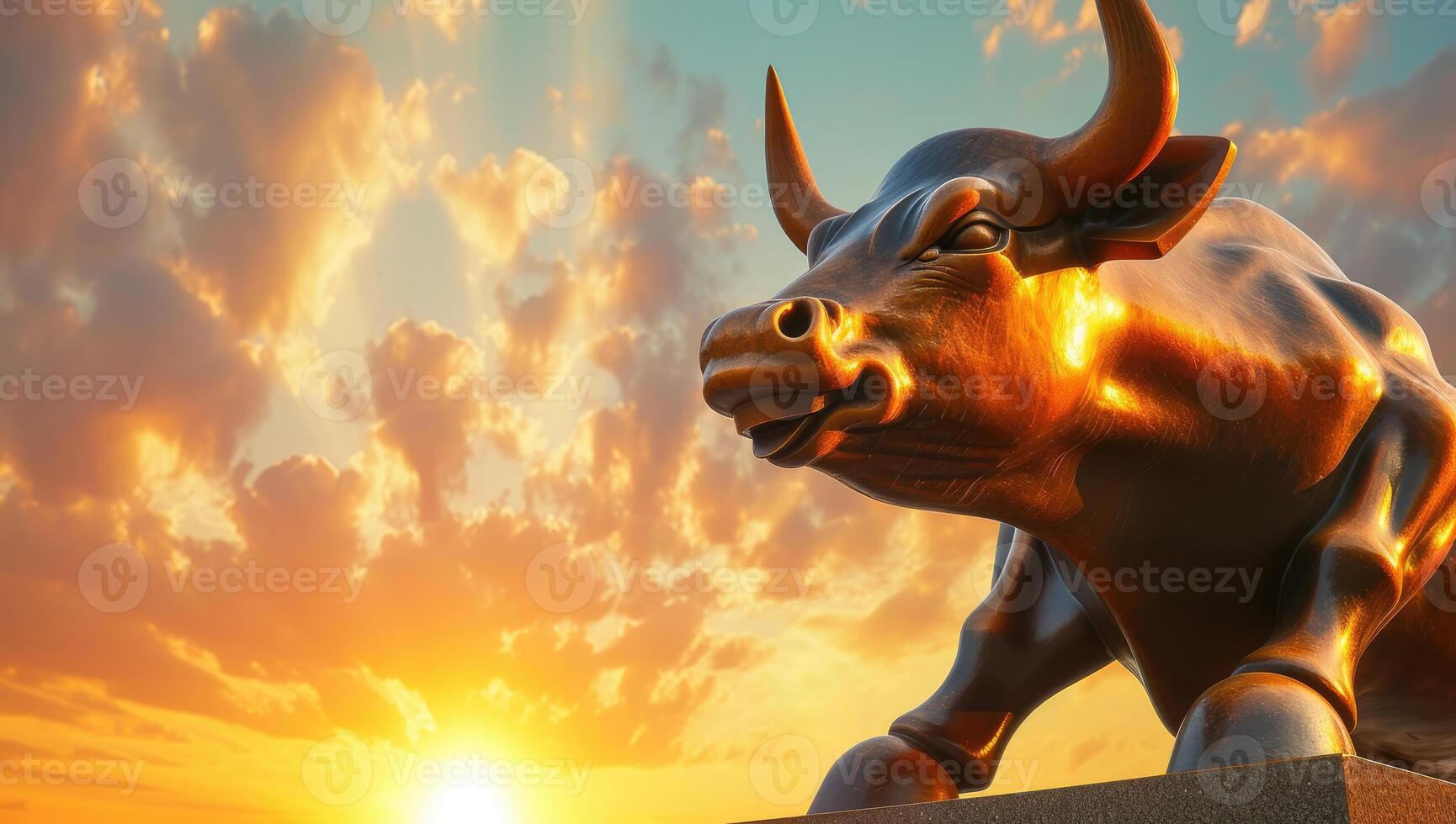 AI generated Majestic Bull Statue Illuminated by Sunset Symbolizing Financial Growth photo