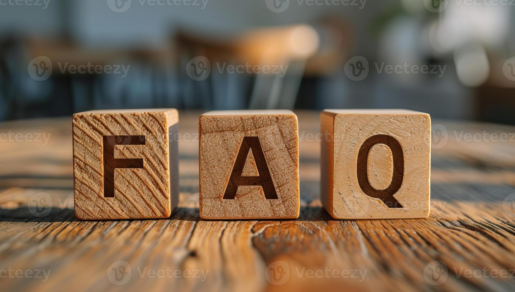 AI generated Wooden blocks spell FAQ on table photo