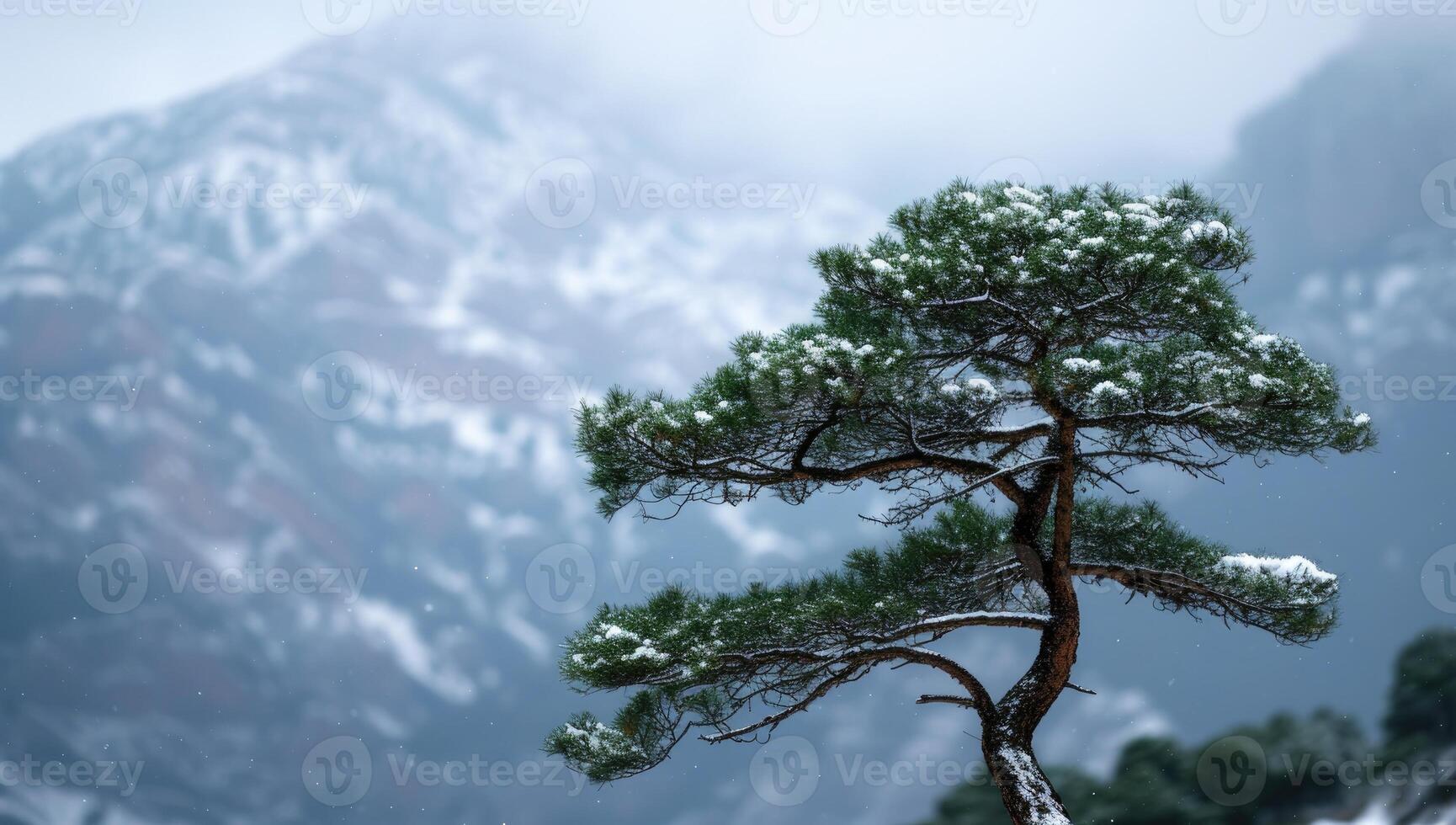 AI generated Pine tree in the snow against the background of the mountains. photo