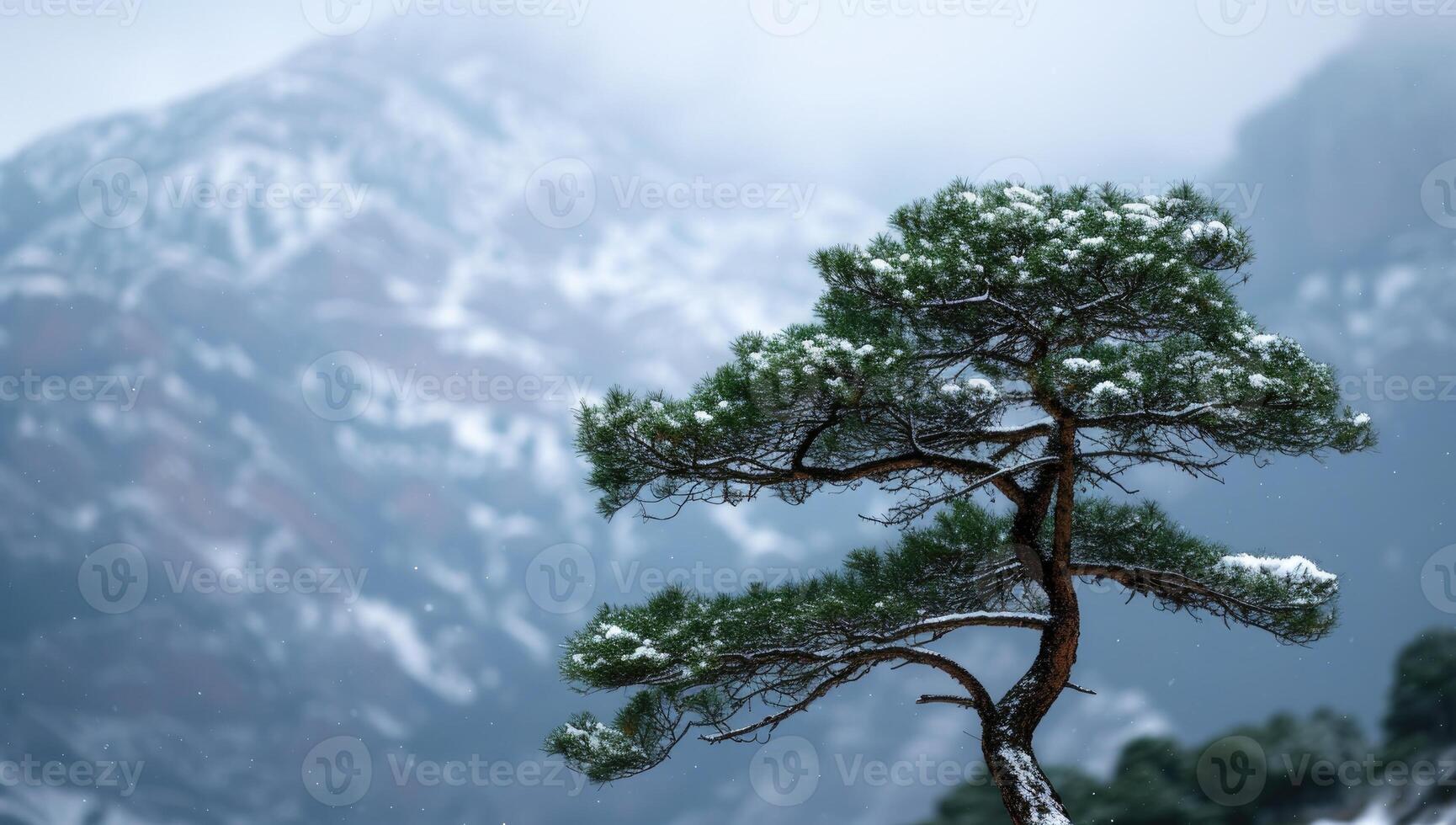 ai generado pino árbol en el nieve en contra el antecedentes de el montañas. foto