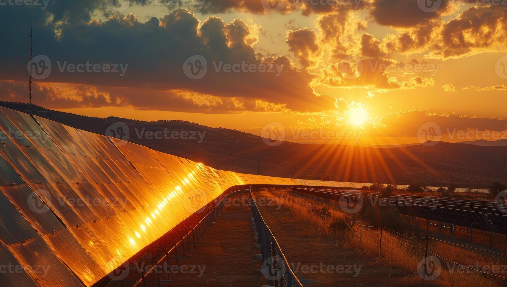 AI generated Solar panels on a background of the setting sun. The concept of renewable energy. photo