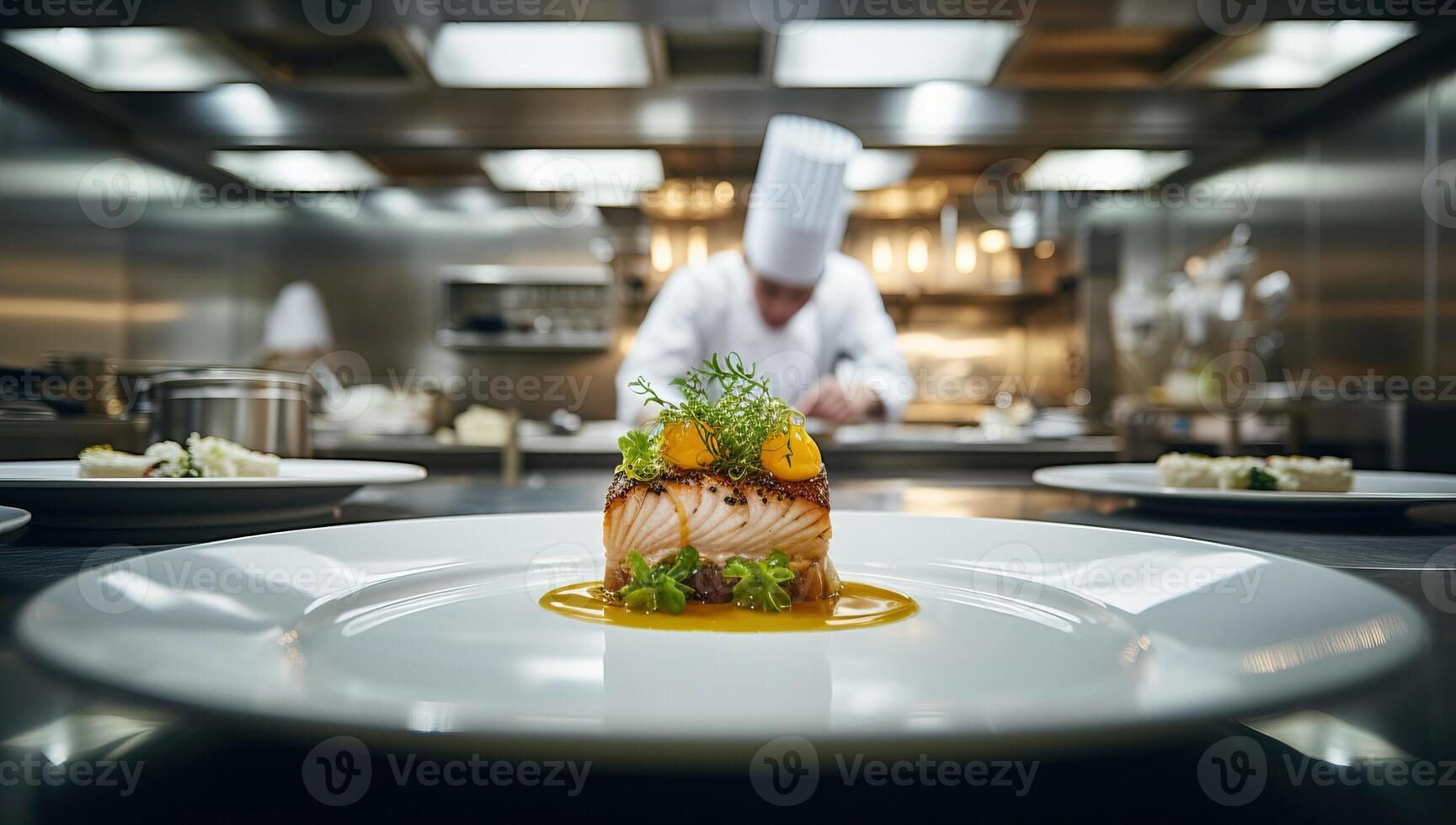 ai generado cocinero decorando pescado filete con naranja salsa en restaurante cocina foto