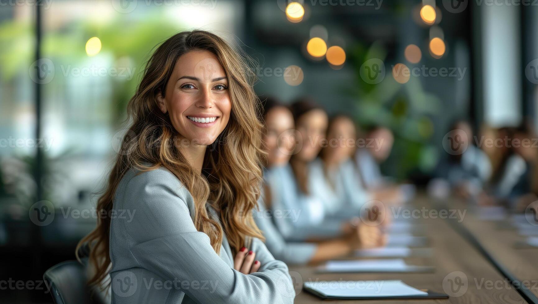 AI generated Businesswoman in meeting with team at conference table photo