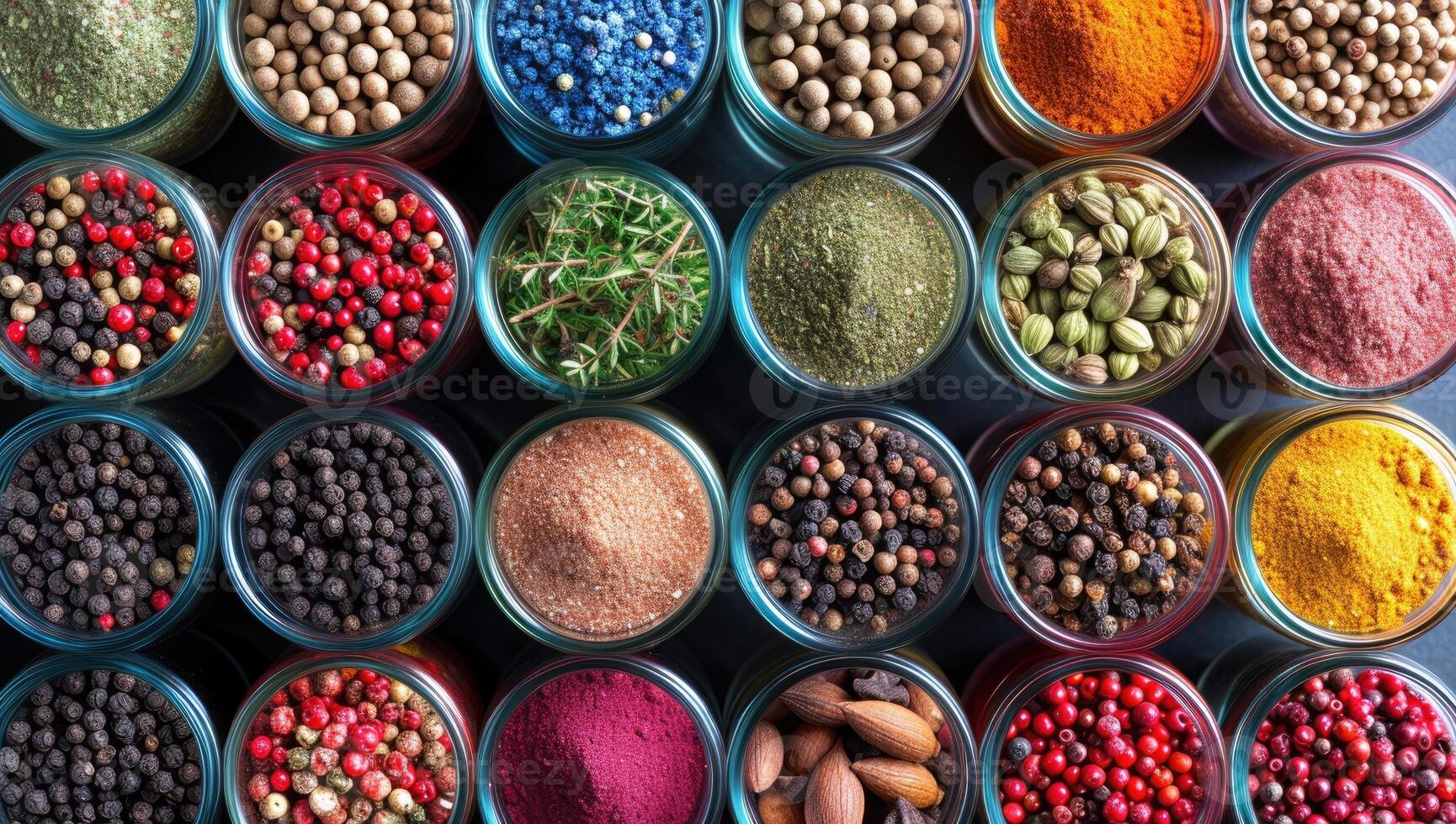 AI generated Colorful spices and herbs in glass jars, top view. Food background photo