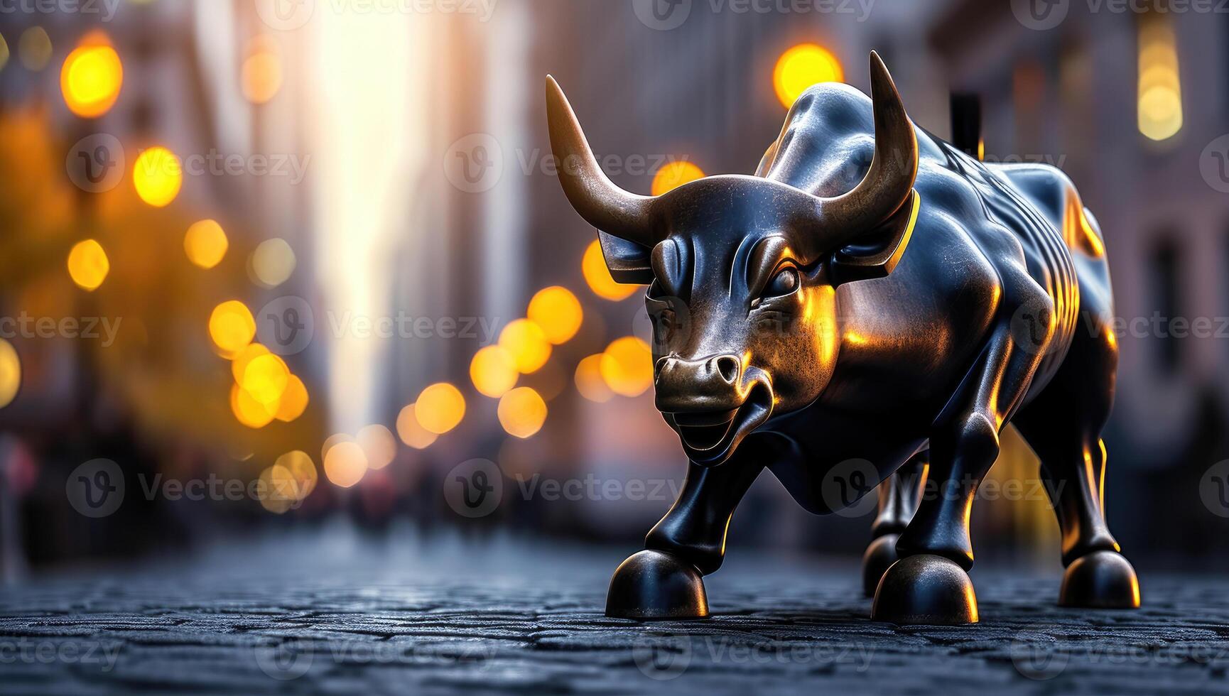 AI generated Golden bull standing powerfully in illuminated night city photo