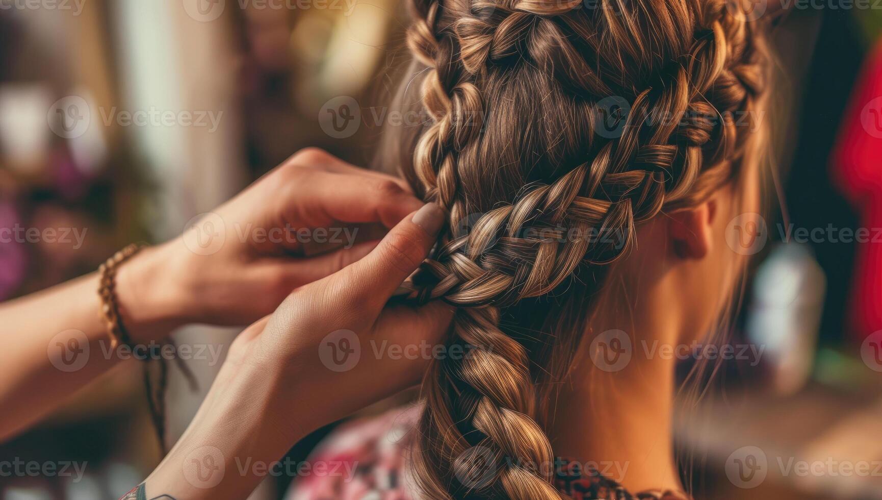 AI generated Professional stylist braiding woman hair in salon photo