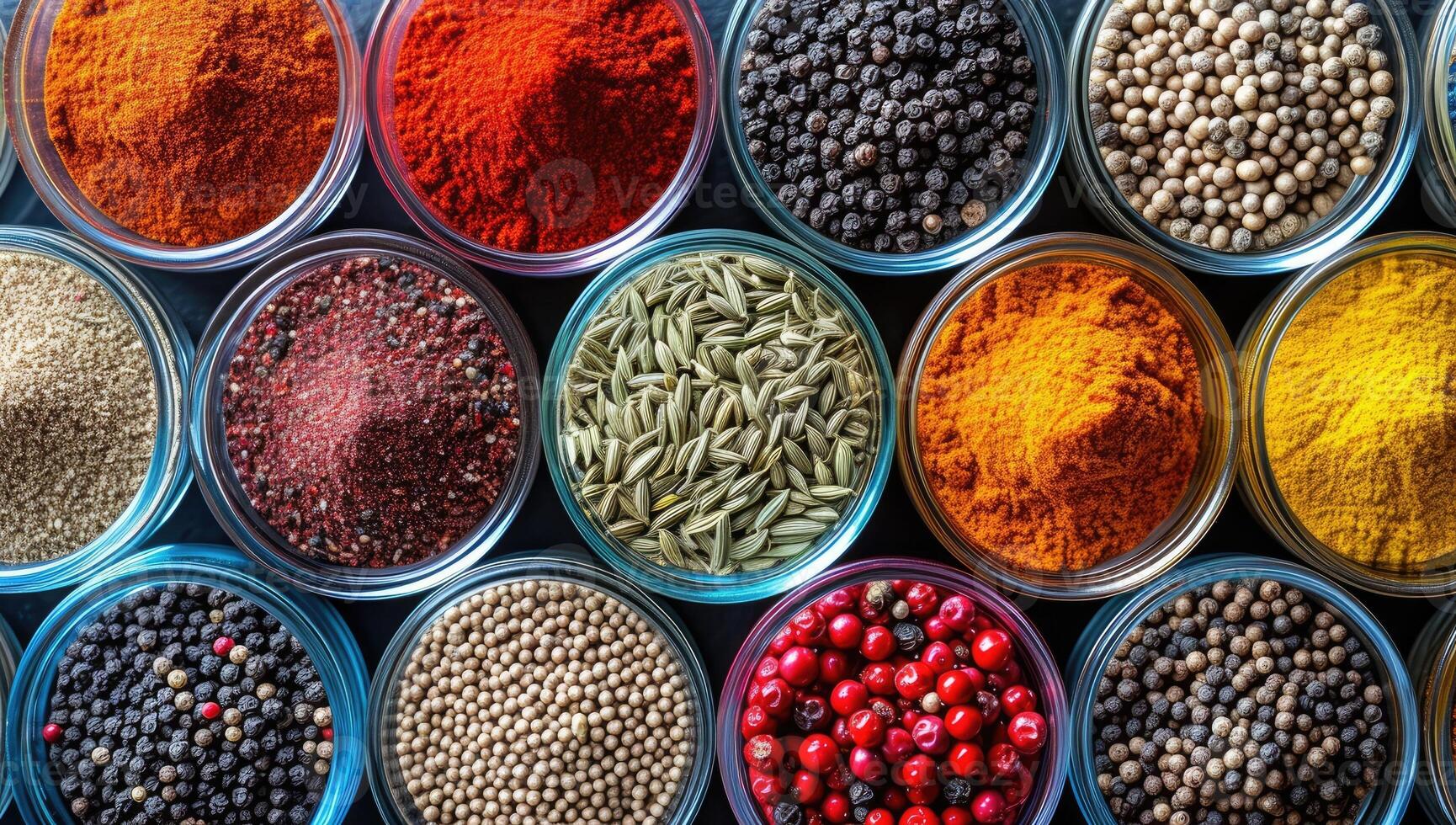 AI generated Spices and herbs in bowls. Food background. Top view. photo