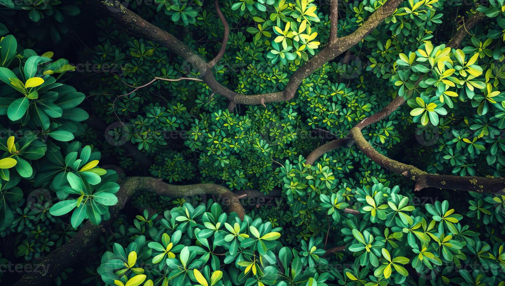 ai generado lozano verde tropical hojas formando un denso bosque pabellón foto