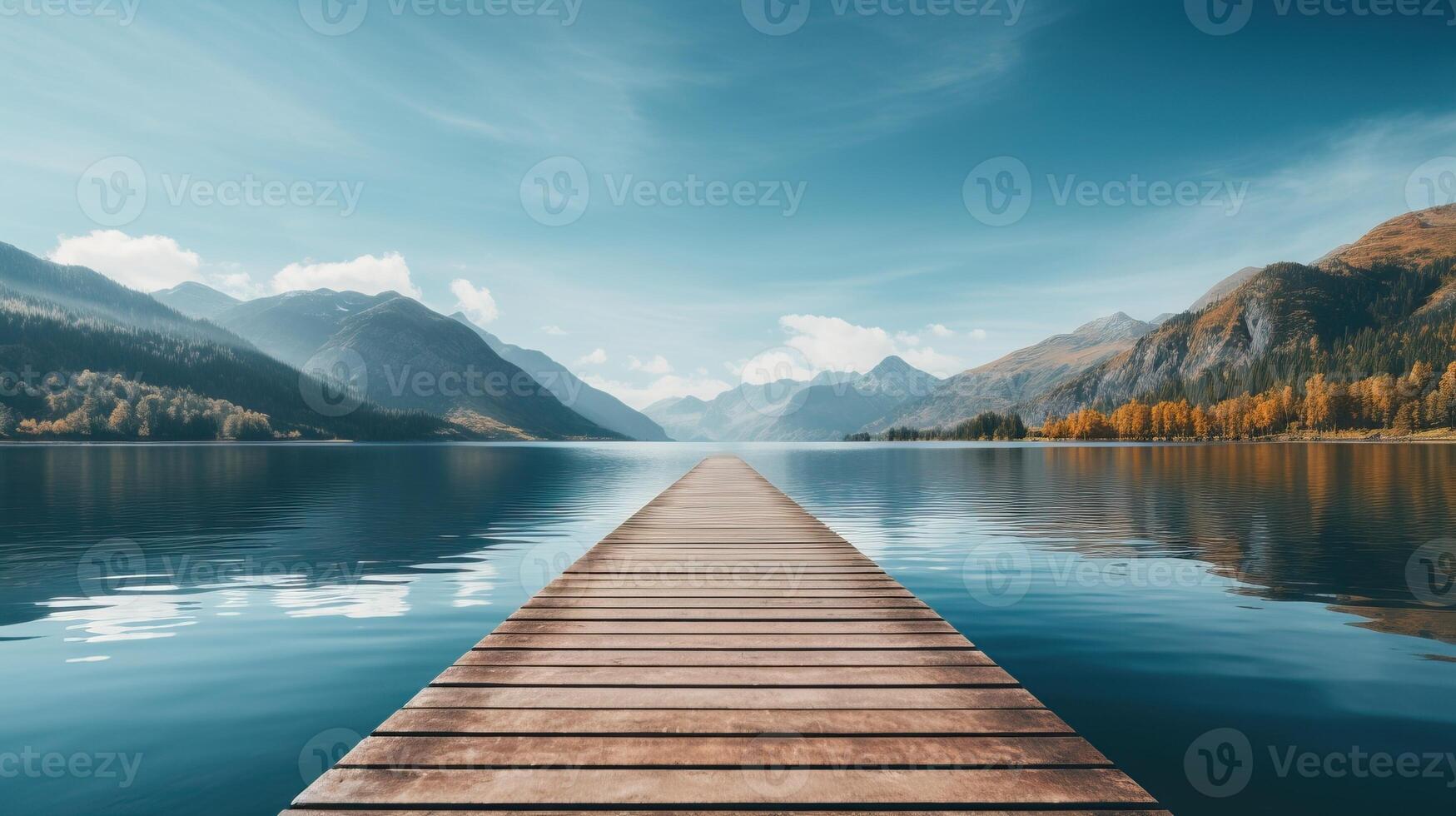 AI generated Serene Autumn Lake with Wooden Pier and Mountains photo