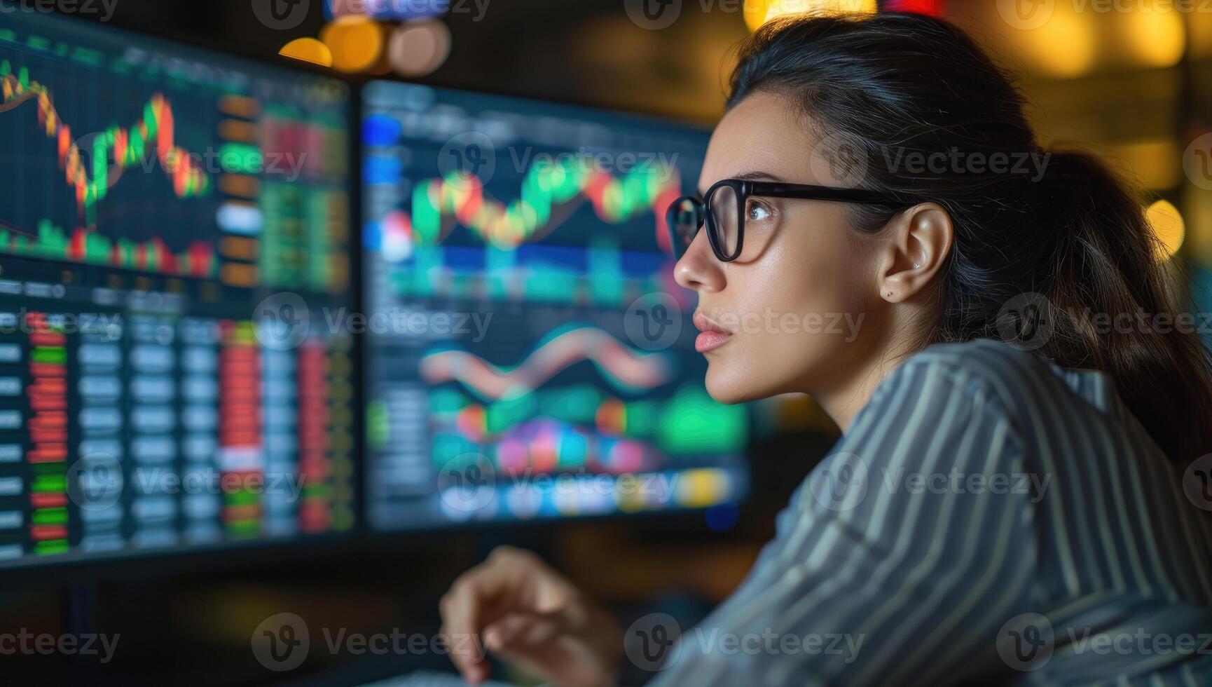 AI generated Asian businesswoman analyzing stock market data on monitors photo