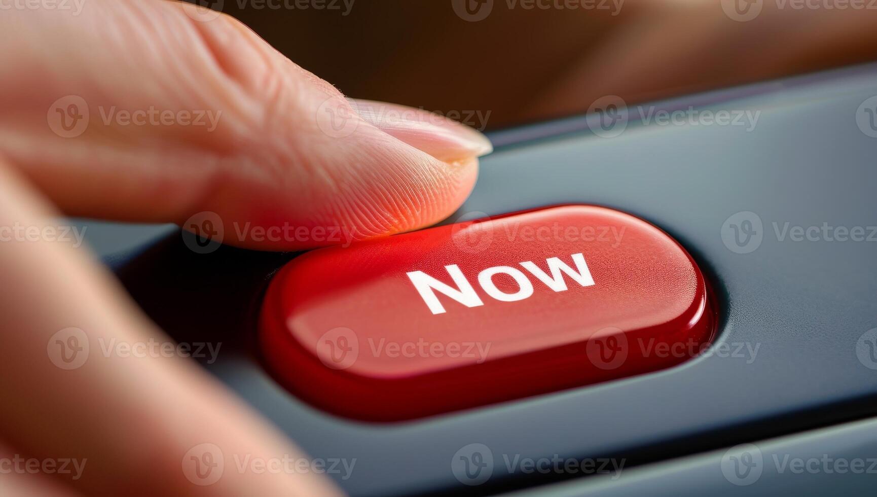 AI generated Finger pressing a red NOW button on a sleek remote control photo