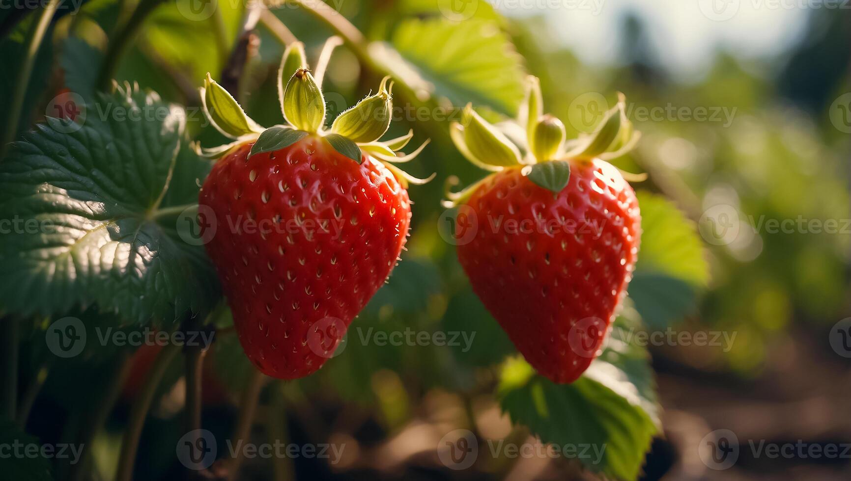 AI generated Fresh strawberries in the garden close-up photo