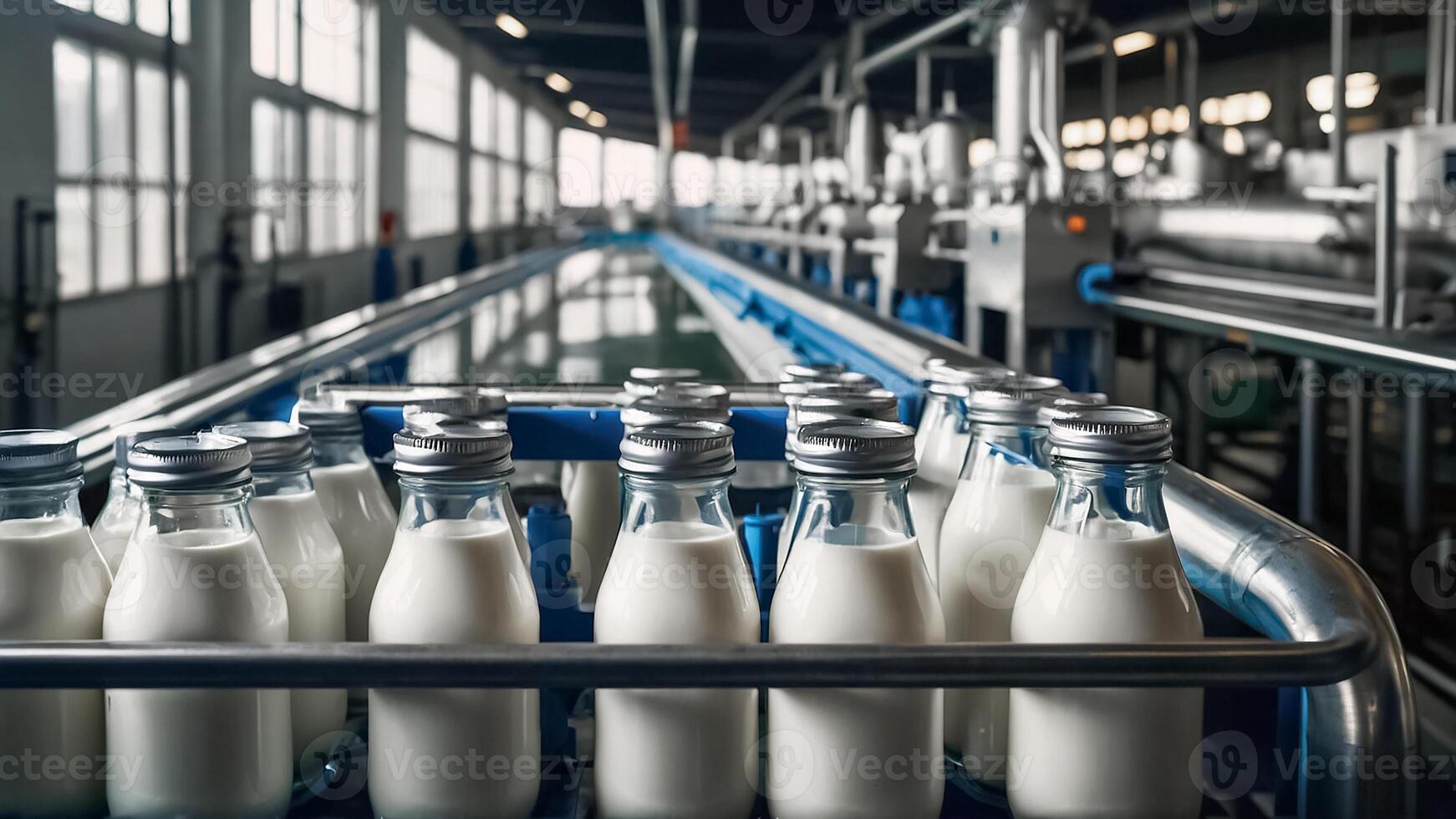 AI generated Conveyor with milk bottles photo