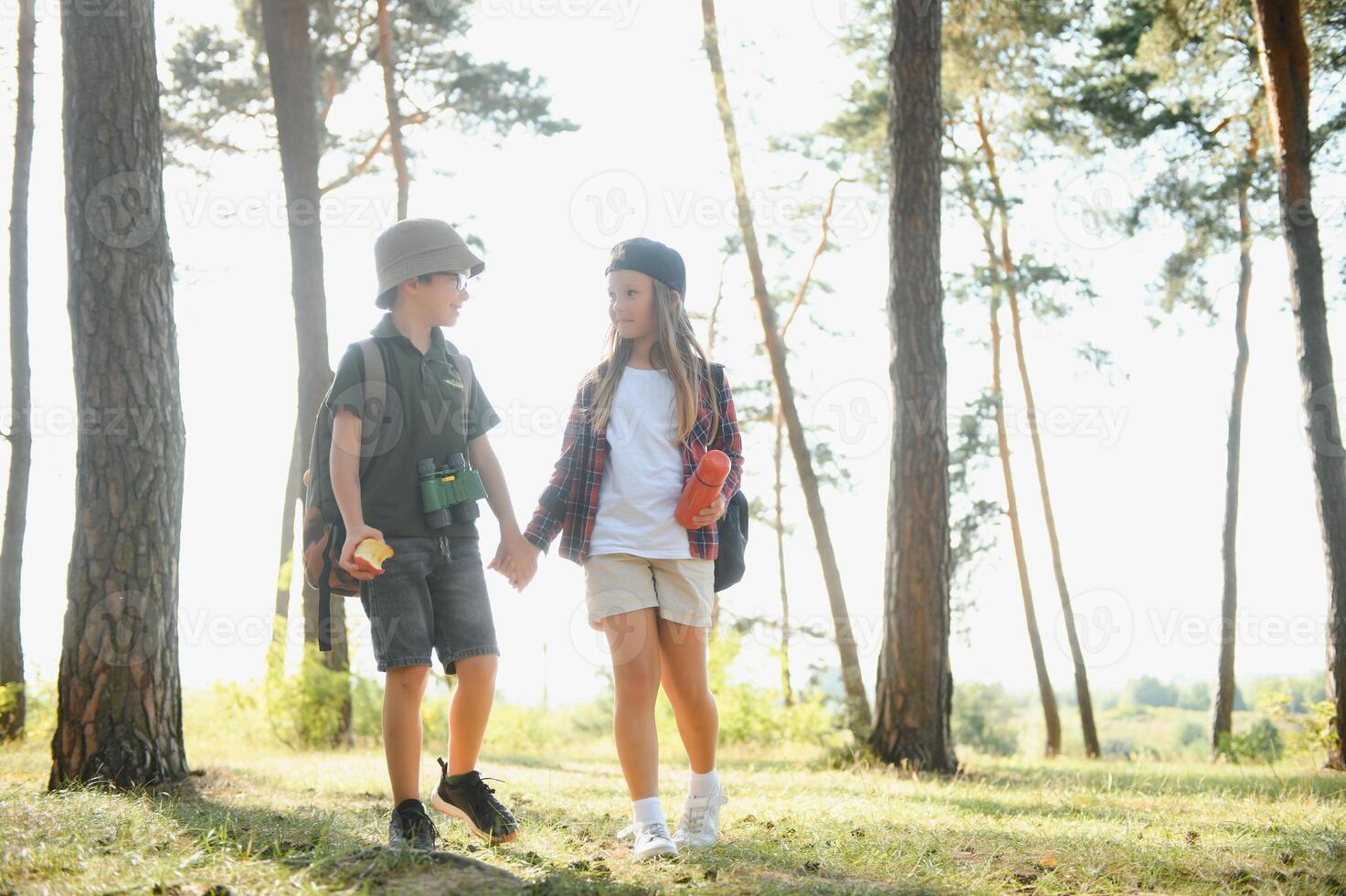 Little boy and girl go hiking on a forest road photo