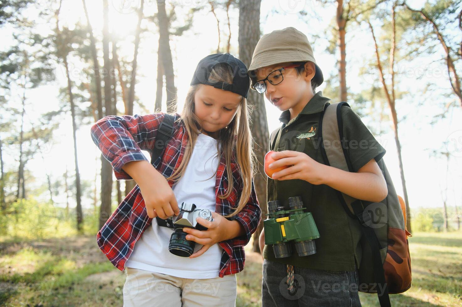 Little boy and girl go hiking on a forest road photo