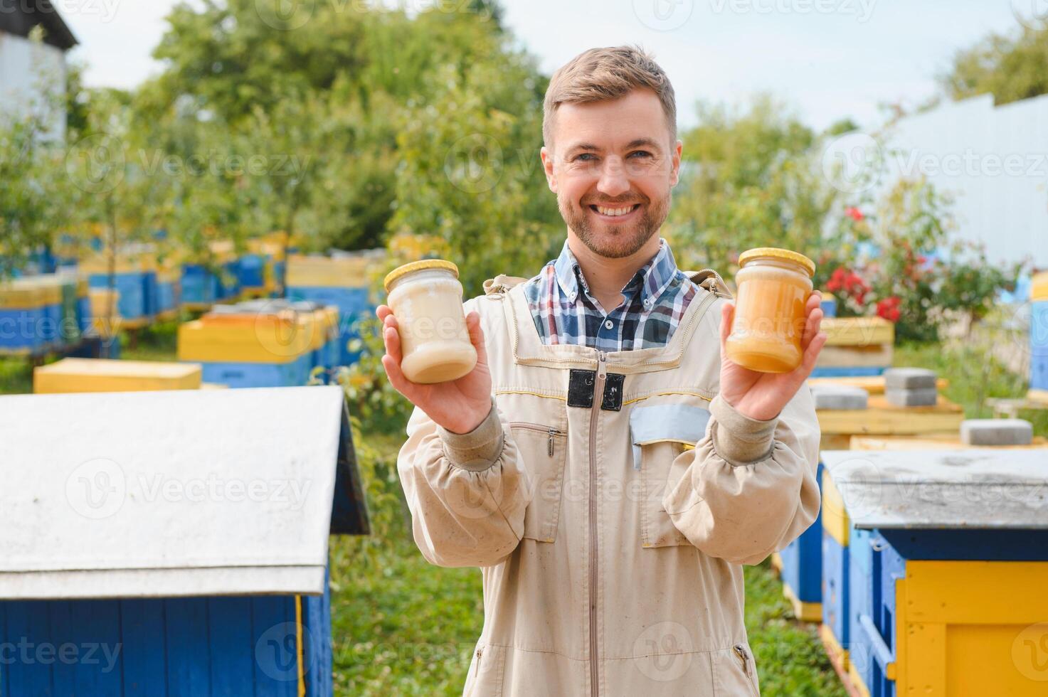 Beekeeper on apiary. Beekeeper is working with bees and beehives on the apiary. photo