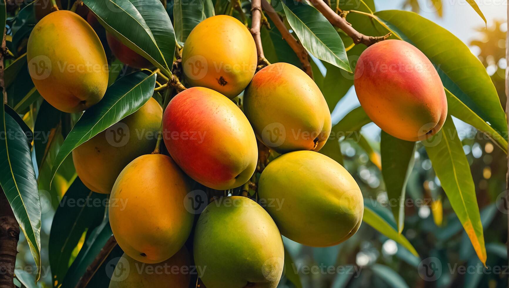 AI generated ripe mangoes on a branch in the garden photo