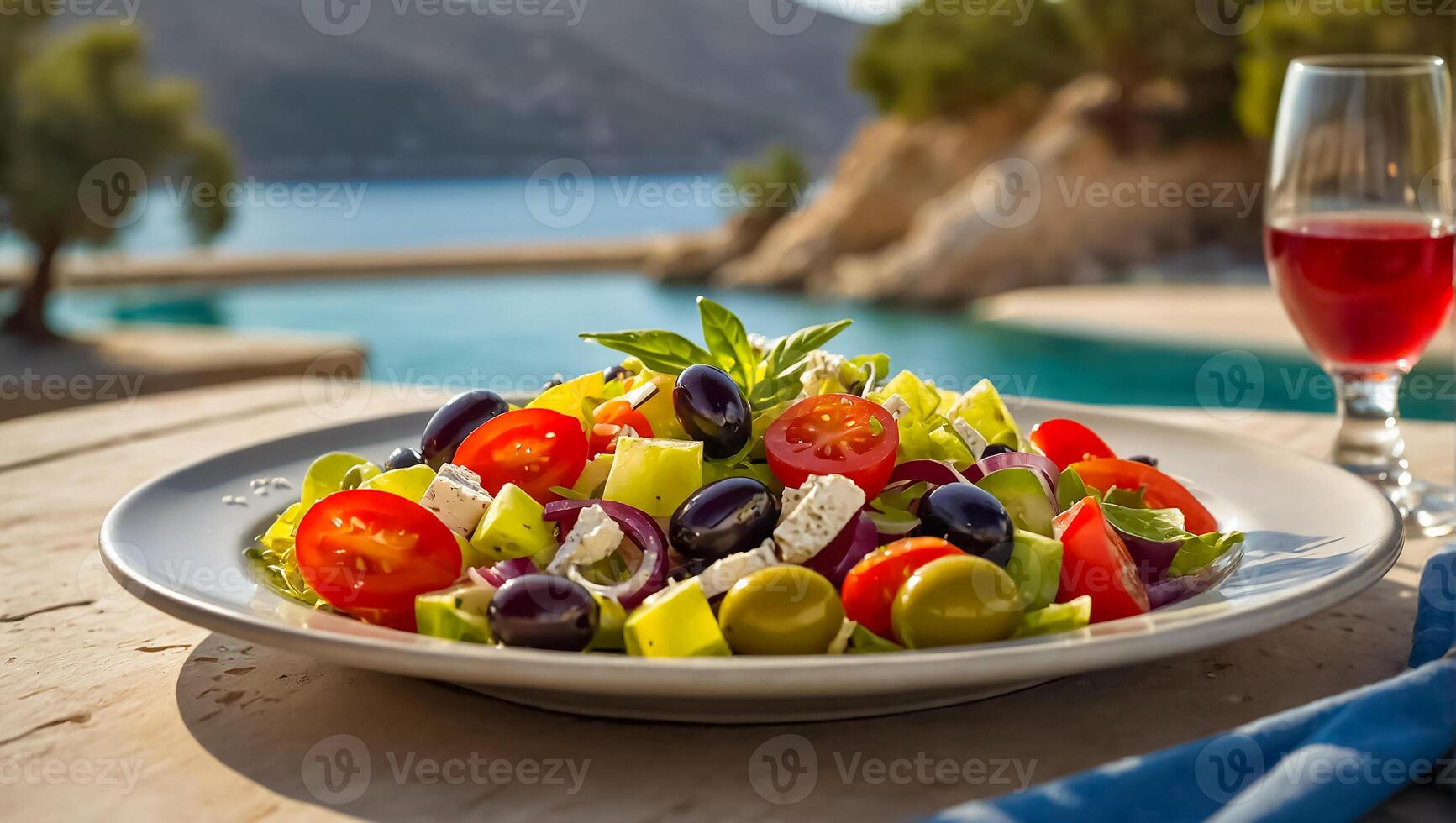 AI generated Delicious Greek salad in a plate outdoors in Greece photo