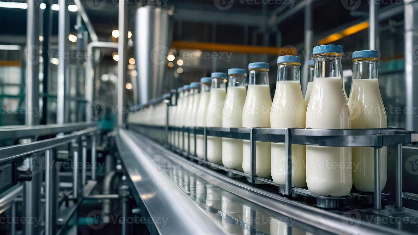 AI generated Conveyor with milk bottles photo