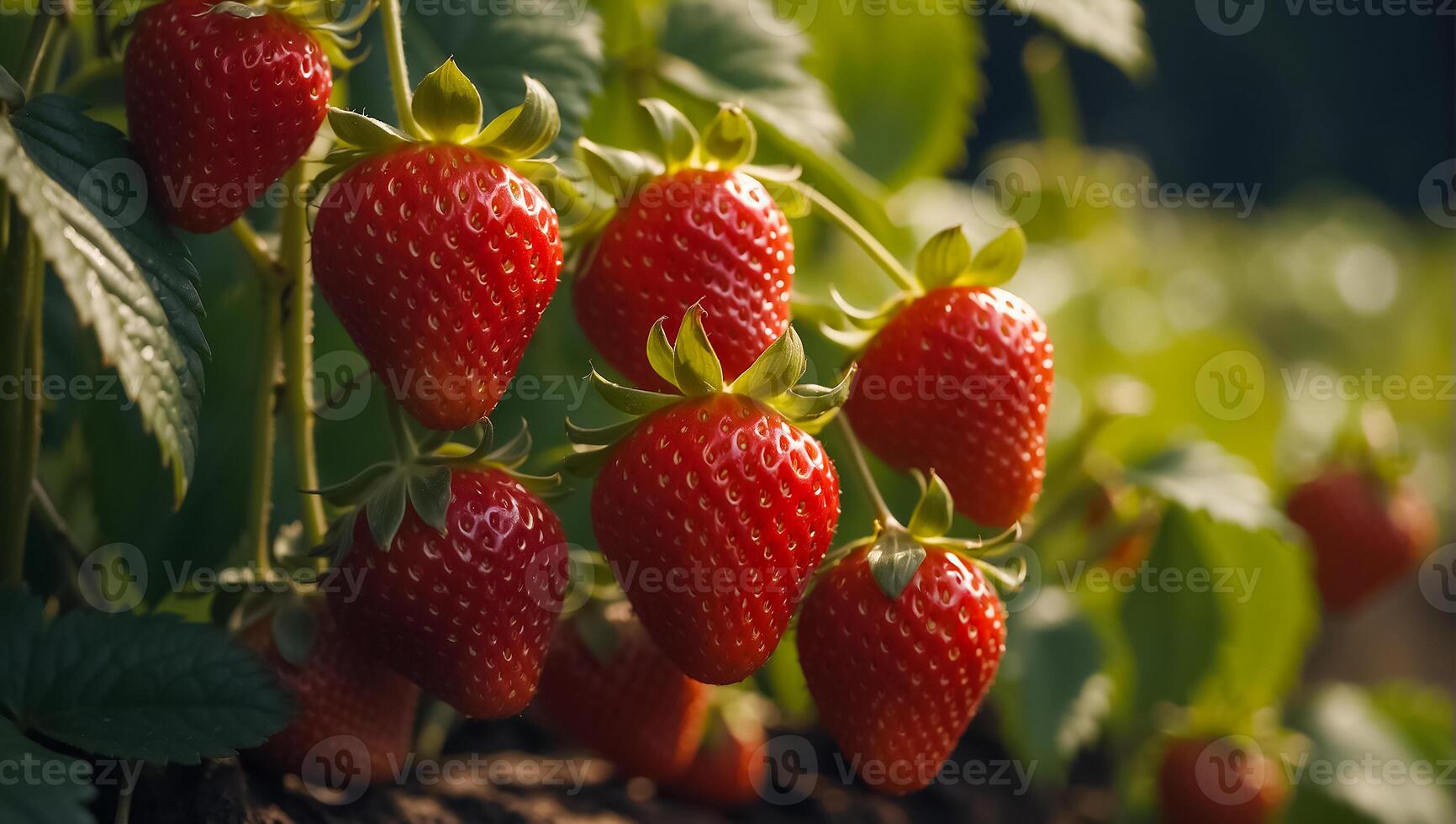 ai generado Fresco fresas en el jardín de cerca foto