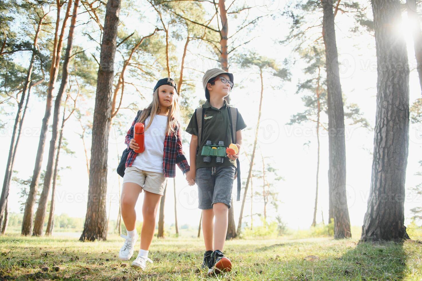 boy and girl go hiking with backpacks on forest road bright sunny day photo