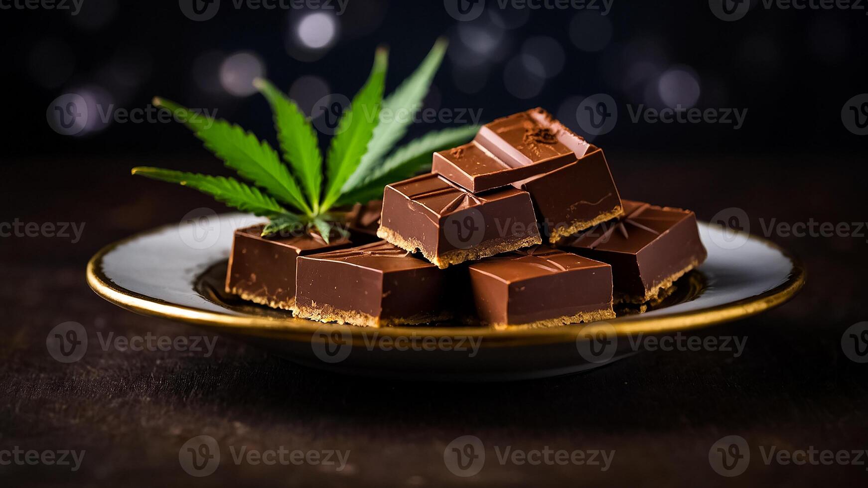 AI generated Delicious chocolate with marijuana leaf on dark background photo